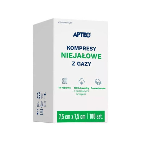 Apteo Kompres gazowy, niejałowy 7,5 cm x 7,5 cm, 100 sztuk