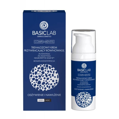 BasicLab Trehalozowy krem przywracający równowagę 3% ksylitolu, 2% inozytolu, neuropeptyd snap-8™ o bogatej konsystencji, 50 ml