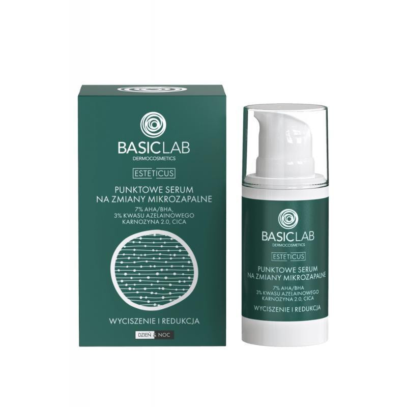 BasicLab Punktowe serum na zmiany mikrozapalne z 7% AHA/BHA, 3% kwasu azelainowego i laktoferyną, 15 ml