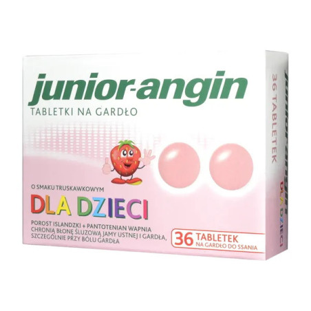 Junior-angin na gardło dla dzieci o smaku truskawkowym, 36 tabletek
