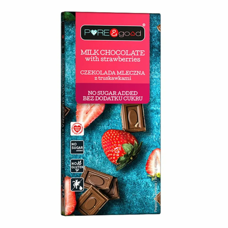 Czekolada Mleczna z Truskawkami Bez Dodatku Cukru, 75 g