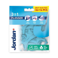 Jordan Flosser 3 w 1, nić dentystyczna, wykałaczka, czyścić do języka, 36 + 14 sztuk